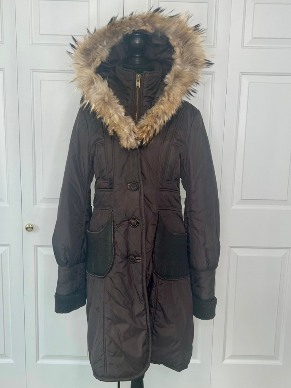 Mackage Brown 3/4 Length Winter Coat with Genuine Leather & Fur Trimmed Hood L